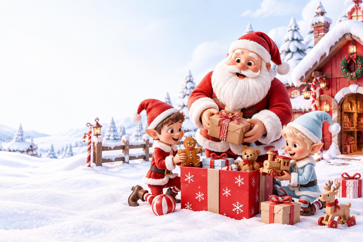 Santa and two cheerful elves packing gifts outside their snowy North Pole workshop